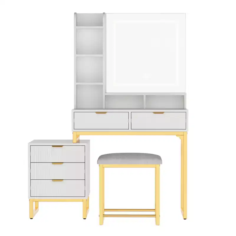 COZONY White Vanity Makeup Desk with 3-Mode Lights & Stool, 5 Drawers Vanity Table with Mirror