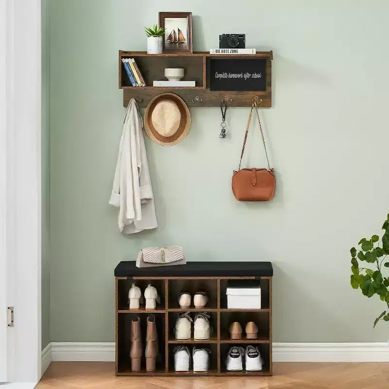 Acekool 31.5 Entryway Set - Wall Mount Coat Rack + Shoe Bench with Storage & Blackboard, Retro Design