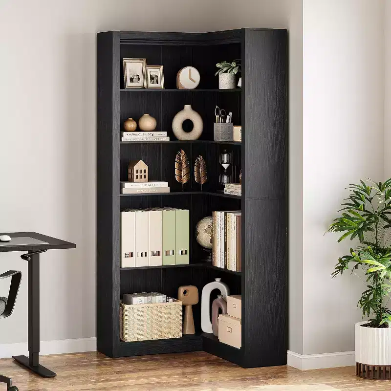 Acekool Corner Bookshelf, 71.8 Tall L-Shaped 5-Tier Bookcase, Farmhouse Display Shelf, Large Heavy Duty Storage for Living Room, Office