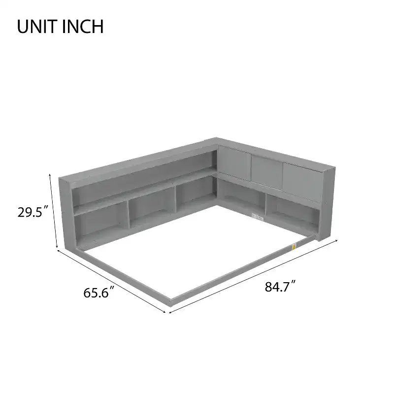 Bellemave Full Size L Shaped Bed with Bookcase, Wood Daybed with Storage Bookcase Headboard, Full Size daybed Frame for Adults, Kids, Teens, Grey