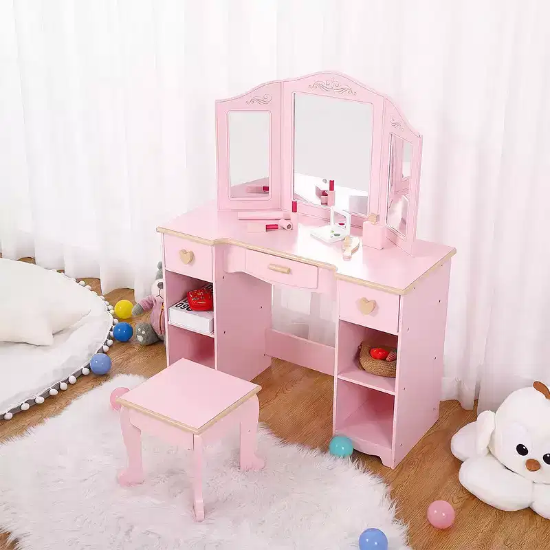 GustoWave Bophy Girls' Vanity Table and Chair Set, Kids Makeup Dressing Table with Wood Makeup Playset Toy, Kids Vanity Set with Mirror & Drawer