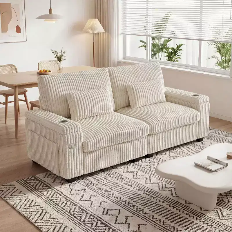 Dyonery 91-inch Storage Sofa for Two - A cozy and plush corduroy sofa for two, featuring USB charging ports and cup holders.