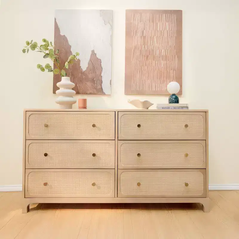 Elio Rattan 6 Drawer Dresser with Brass Knob