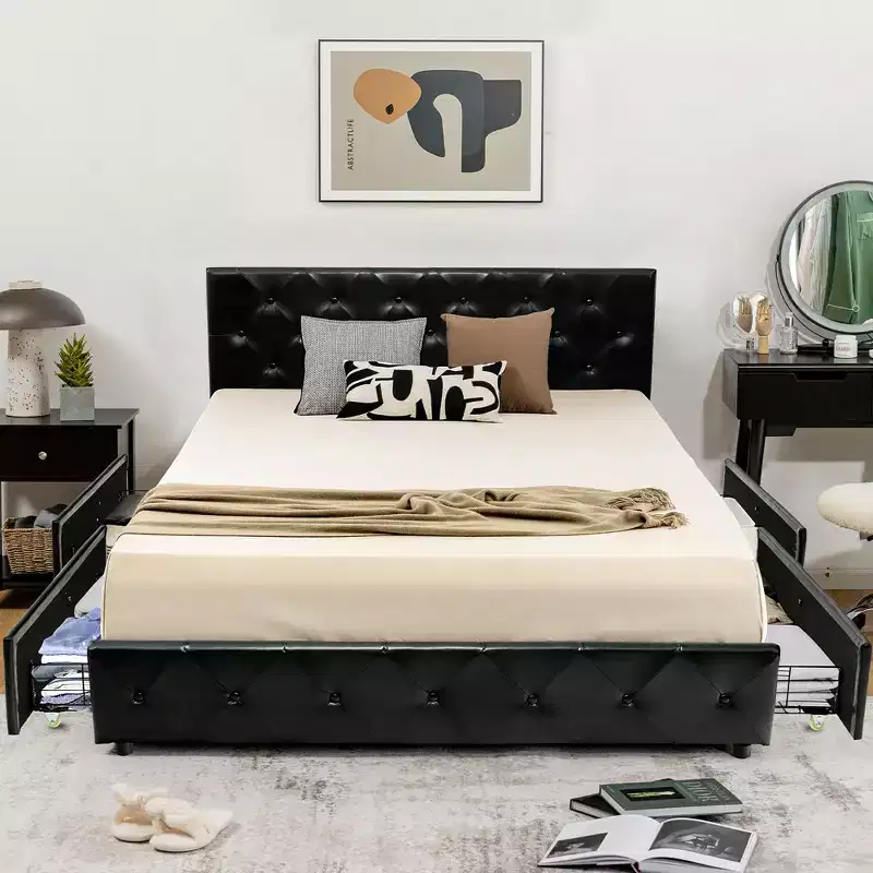 Upholstered Platform Bed with 4 Drawers, PU Leather Button Tufted Headboard