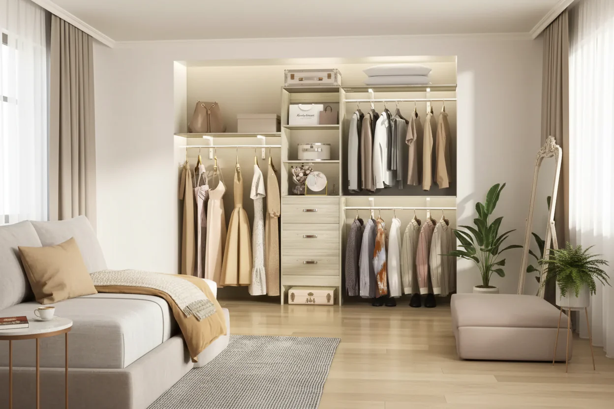Besiost Closet System with 3 Hanging Rods, 3 Drawers and 3 Shelving Tower, 5-8FT Walk-in Closet Organizer