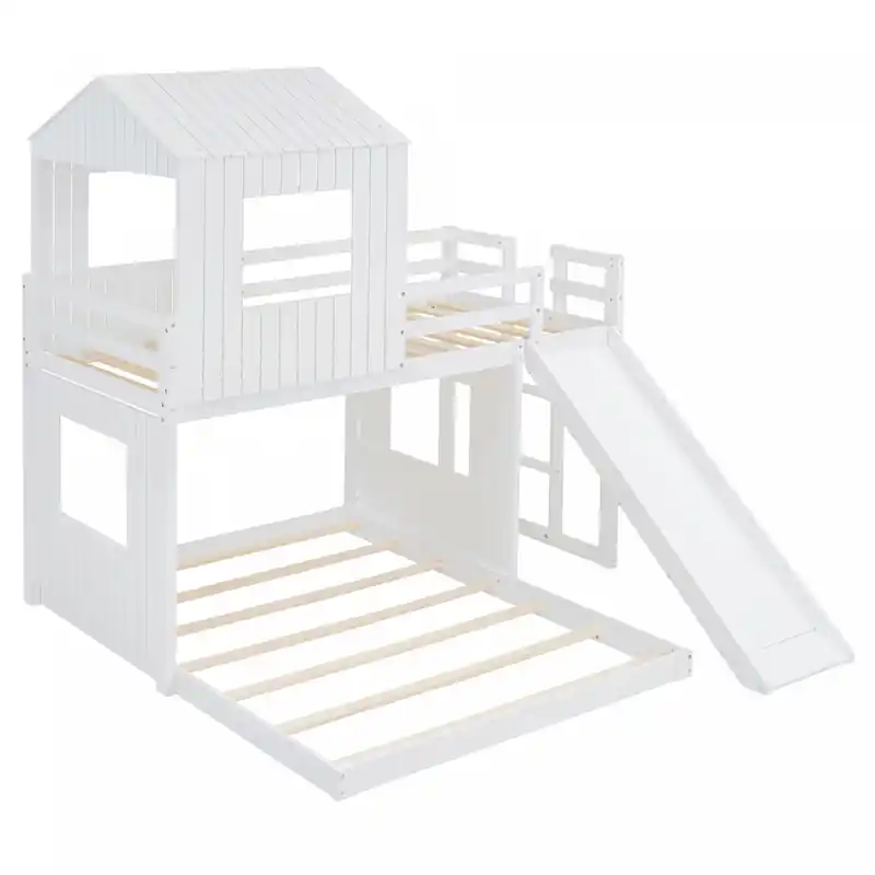Twin Over Solid Wood Full Bunk Bed With Slide, Playhouse Design