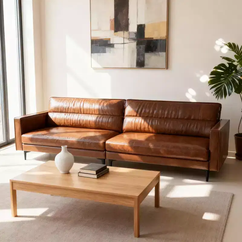 Brown Faux Leather 3-Seat Sofa with Metal Legs