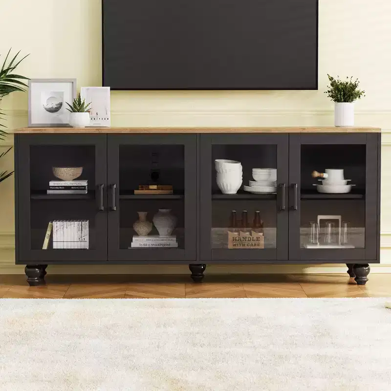 63-inch Farmhouse-Style Adjustable Shelf TV Stand for TVs 70 inches and under; Features tempered glass doors; Ideal for living rooms; Black