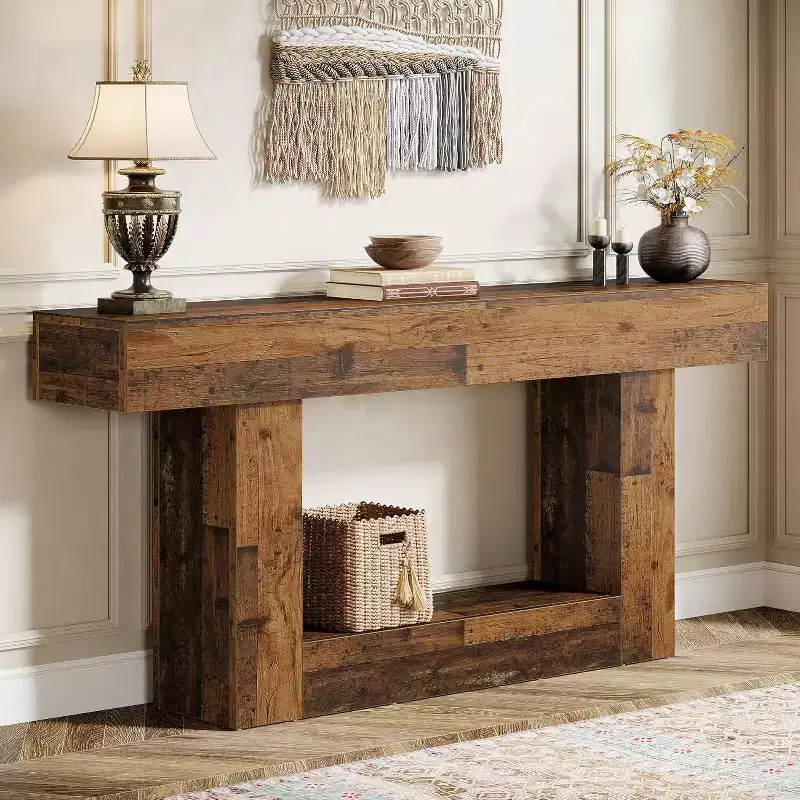 Lantine 63-Inch Console Table, Farmhouse 2-Tier Entryway Table with U-Shaped Base for Living Room, Hallway, Foyer, Mix Brown
