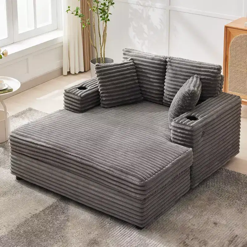 Corduroy 3-Seat Lounge Sofa with Cup Holders & Charging Ports