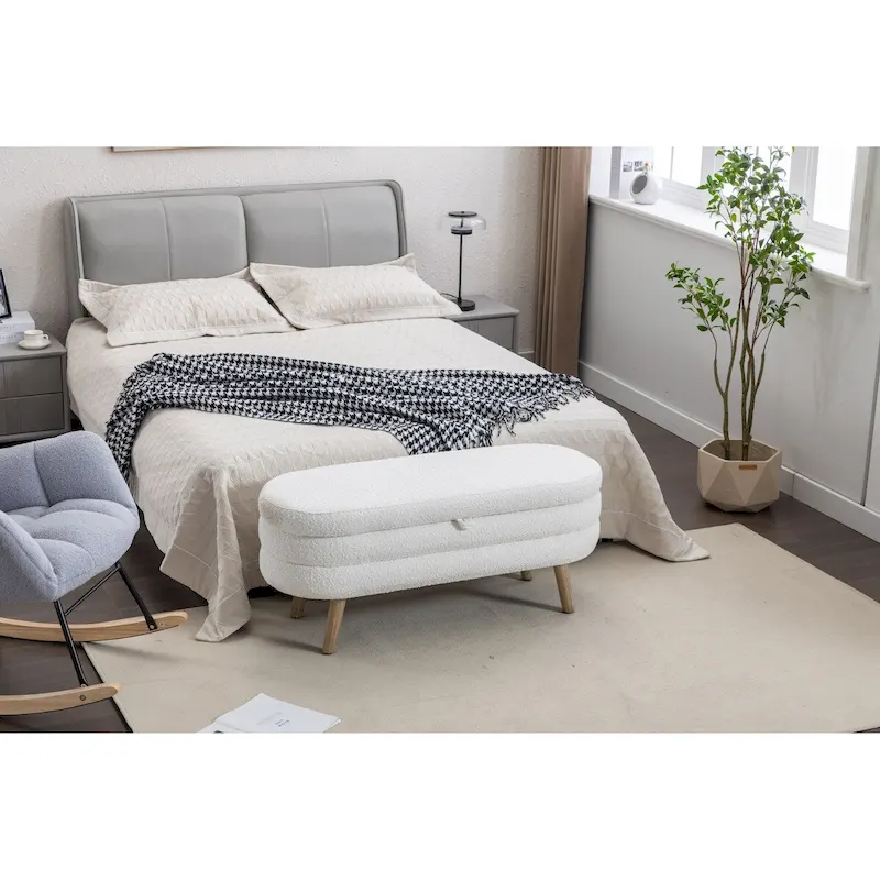 Ivory / Brown / Black Boucle Fabric Storage Bench with Wood Legs for 1–2 Person