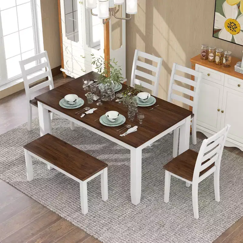 Whisen Rustic Style 6-Piece Dining Room Table Set with 4 Upholstered Chairs and 1 Bench