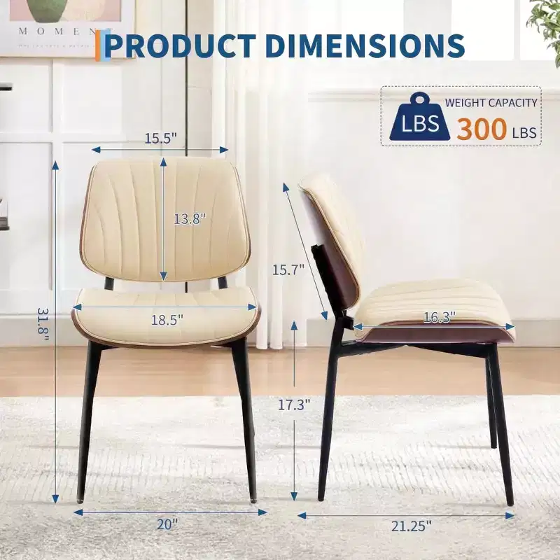Set of 2 Mid-Century Modern Dining Chairs, PU Leather Upholstered Kitchen Chairs with Walnut Bentwood Back and Metal Legs for Dining Room & Kitchen