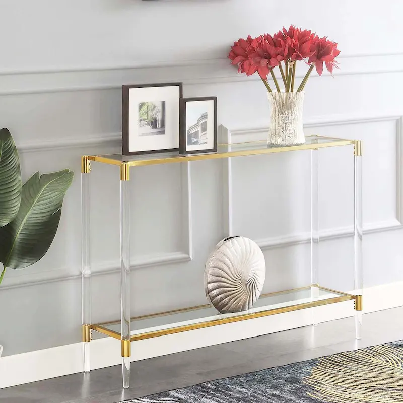 2-Tier Acrylic Glass Console Table with Gold Chrome Frame