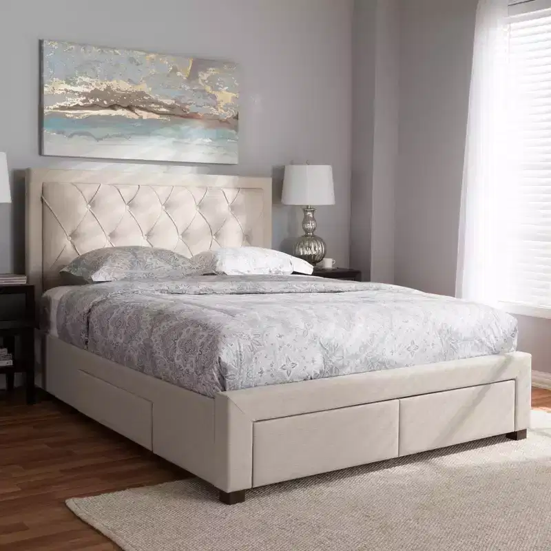 Modern and Contemporary Fabric Upholstered Storage Bed with Button-Tufted Headboard and Drawers