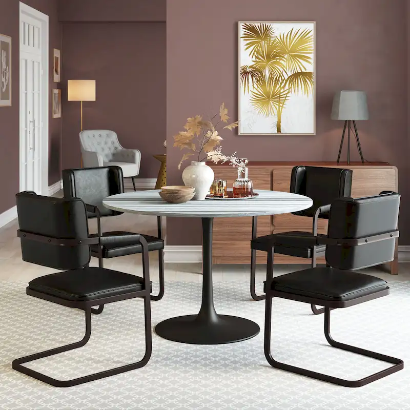 Marble Top Dining Table with Steel Base – Gray & Black
