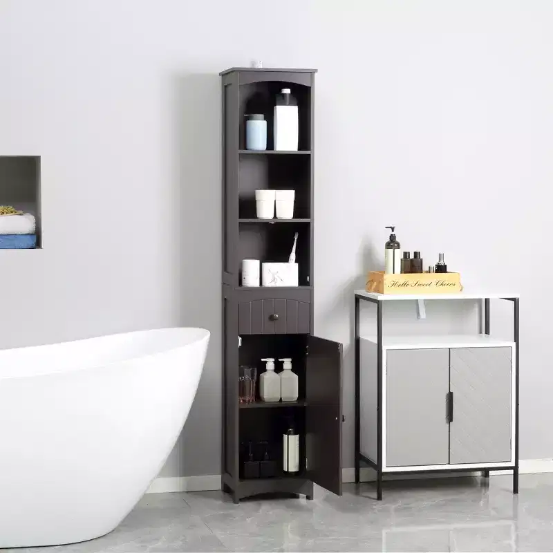 Tall Narrow Bathroom Storage Cabinet with Shelves and Doors, Slim Linen Floor Cabinet