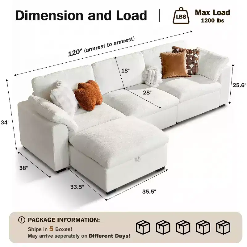 Oversized Cloud Modular Sectional Sofa for Living Room, Comfy Couch Down-Filled Wide Deep Seat Couch, Solid Wood Frame, Tool Free Assembly