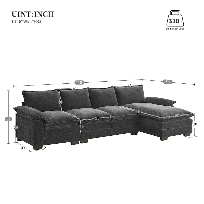 Modern 5-Seat L-Shaped Cloud Sleeper Sofa Couch with Chaise Lounge with Double Seat Cushions