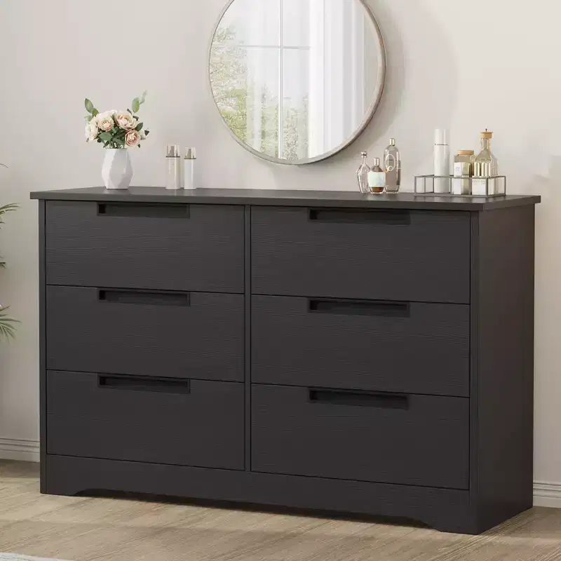 6-Drawer Black Dresser with Embedded Handles – Modern Wooden Organizer for Bedroom, Nursery & Hallway
