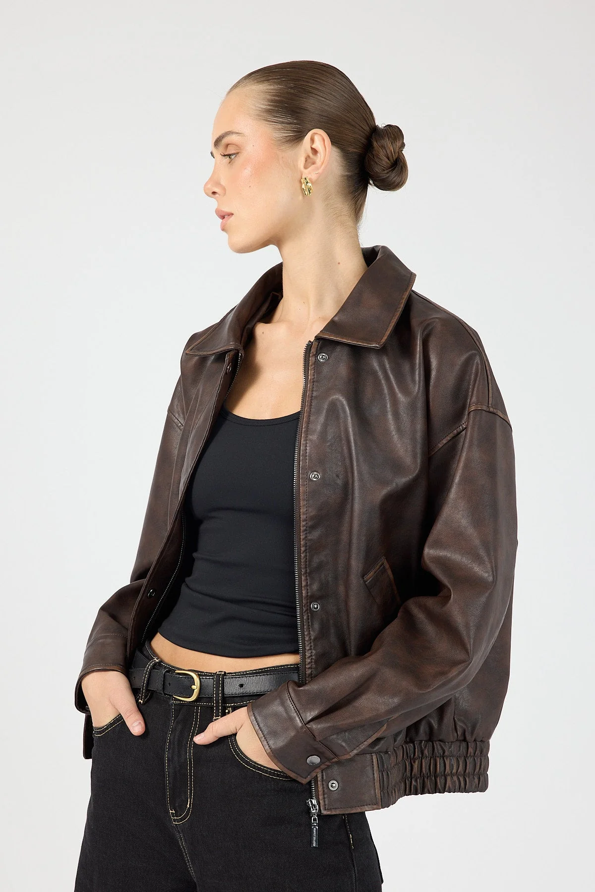 Washed Faux Leather Bomber Brown