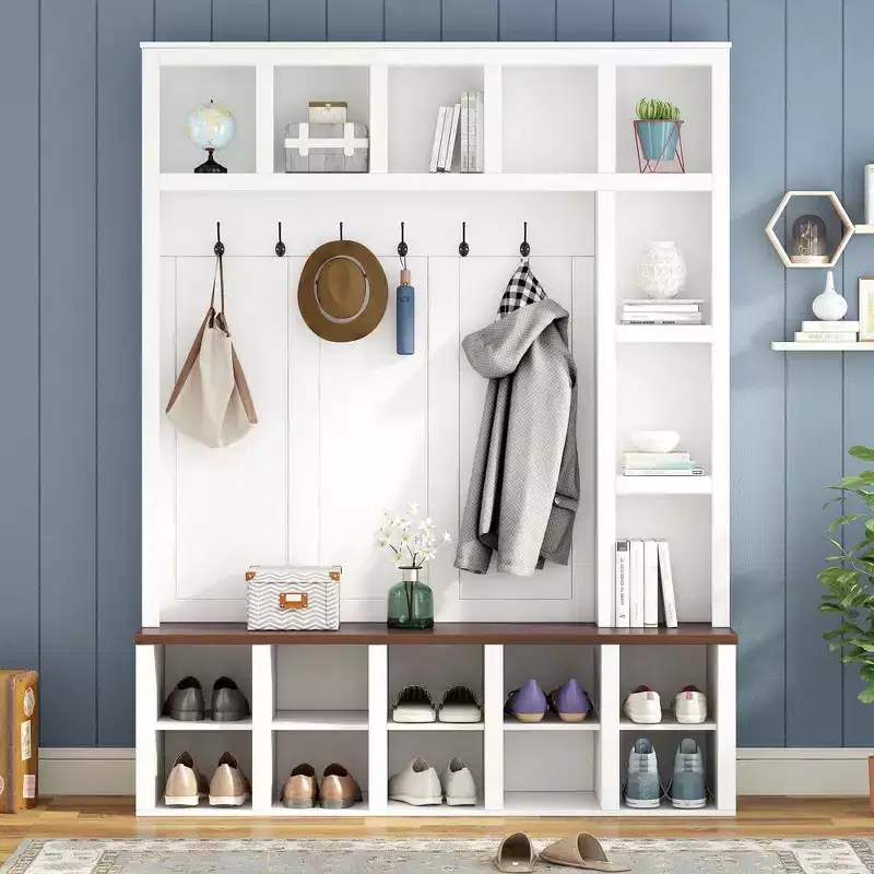 Farmhouse Wooden Hall Tree with 6 Hooks, Walnut Storage Bench with Adjustable Shelves, Shoe Cabinet with 13 Cubbies