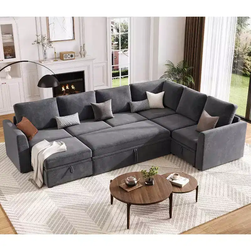 Acekool U-Shaped Chenille Sectional Sofa, Gray | Pull-Out Bed, 6-Piece Set with Ottoman & Hidden Storage | 44 Seat Depth