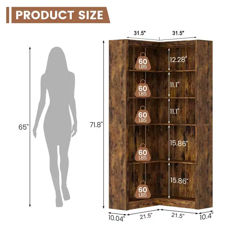 71.8 L Shaped Corner Bookshelf with Anti-Tipping Kit, Tall Storage Organizer for Living Room & Home Office