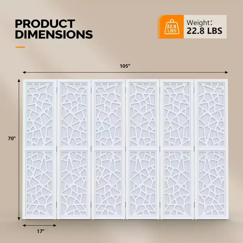 6 Panel Room Divider, Non-Woven Fabric Privacy Screen - White