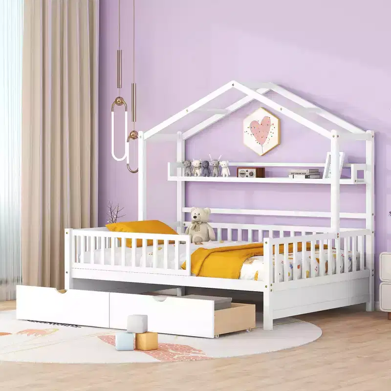Full Size House Bed with Drawers and Storage Shelves, Kids Platform Bed with Fence Rails Wood Playhouse Tent Bed Frame for Girls Boys, White