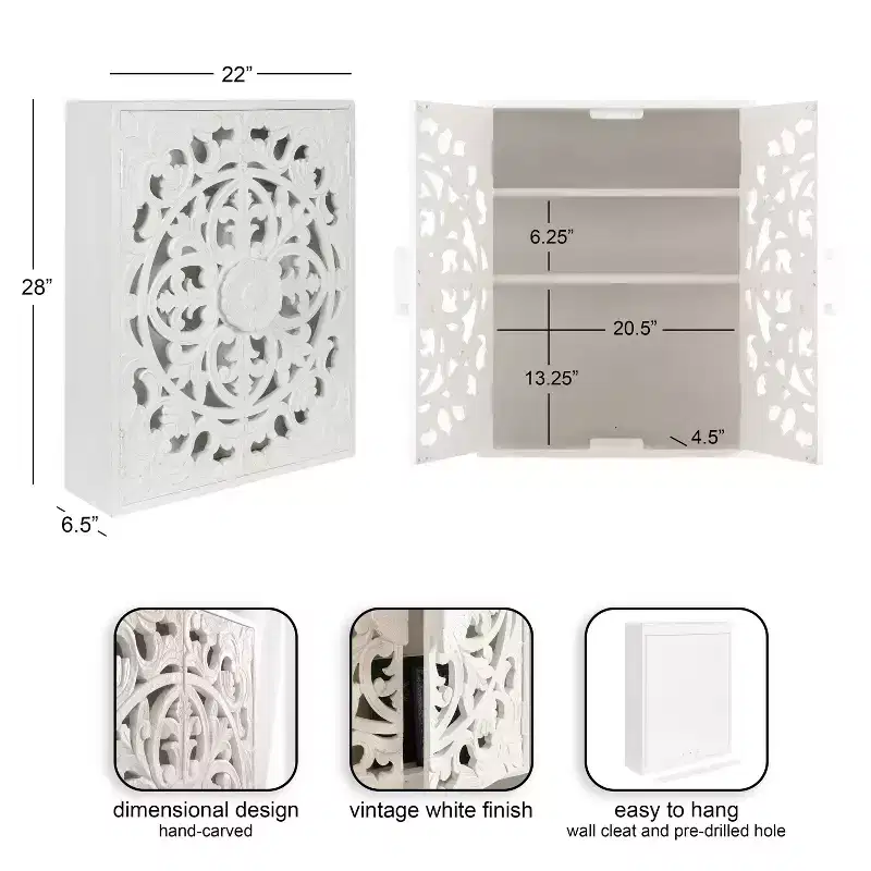 Kate and Laurel Saanvi Carved Wood Wall Cabinet, 22x7x28 White