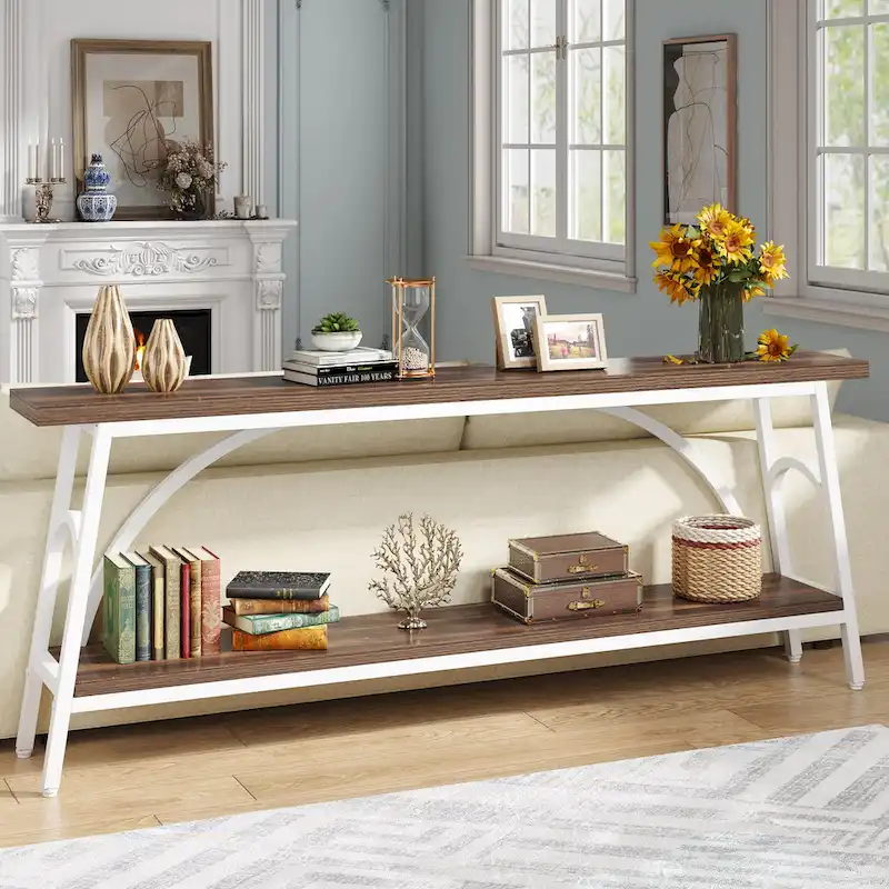 2-Tier Extra Long Console Table with Steel Frame – Rustic Brown+White / Grey+Black / Rustic Brown+Black / White, 1-Unit