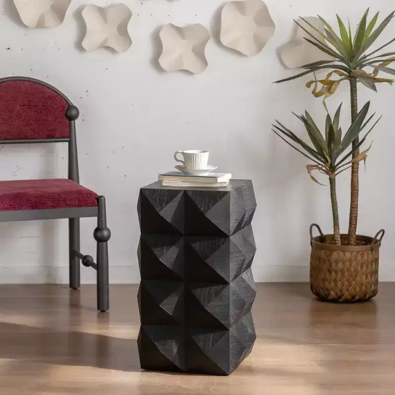12W End Table Nightstand Side Table Coffee Table Bedside Table with Three-dimensional Embossed Pattern Design, Natural/Black/Brown-ModernLuxe