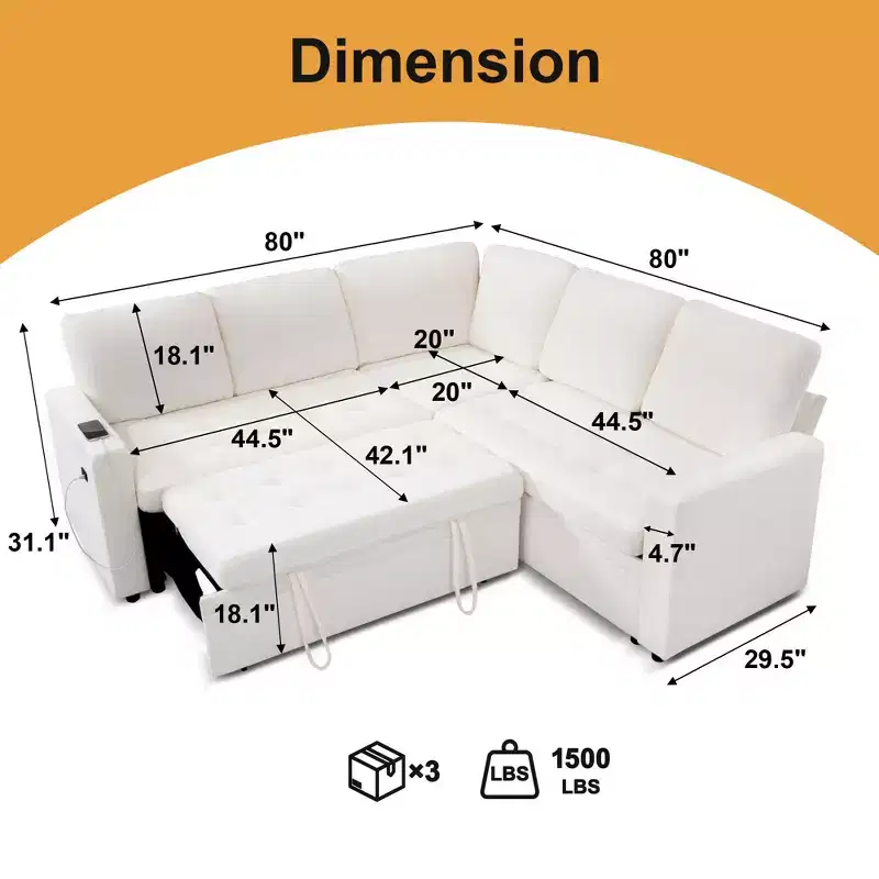 Dyonery modular bunk sofa with pull-out bed, L-shaped 5-seat modular combination sofa, adjustable backrest/storage seat, tool-free assembly
