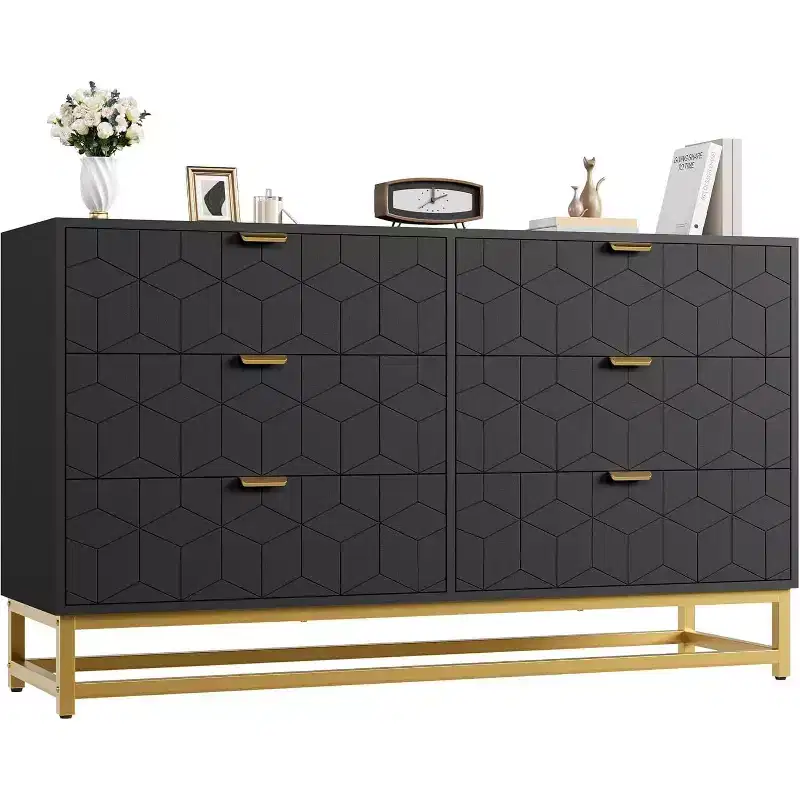 Dresser for Bedroom, 53.5 Large Dresser Organizer, 6 Drawer with Golden Metal Handle and Legs, Modern Chest of Drawers, Grey Dressers with Drawers