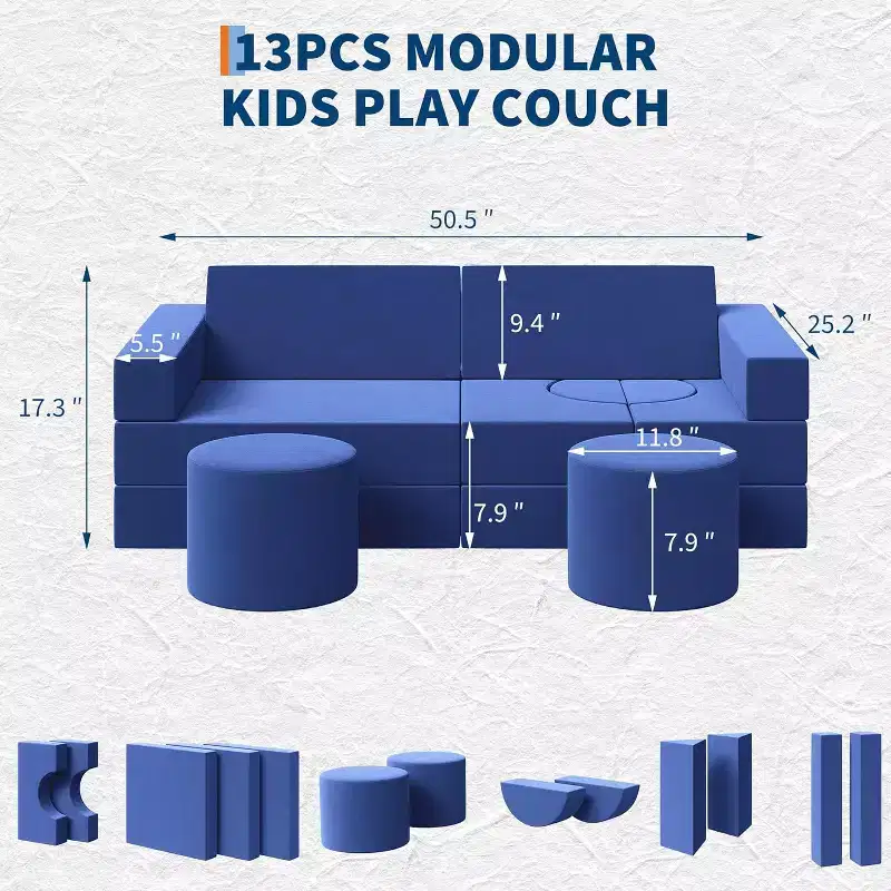 13-Piece Modular Play Couch - Convertible Toddler Sofa Set with Washable Soft Covers - Foam Floor Chair for Playroom, Living Room, or Bedroom