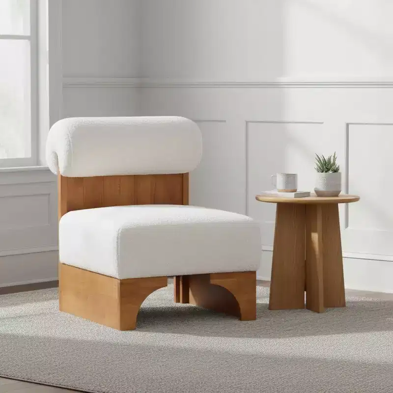Homy Casa Accent Chair with Rolled Backrest and Solid Wood Base, Boucle Upholstery