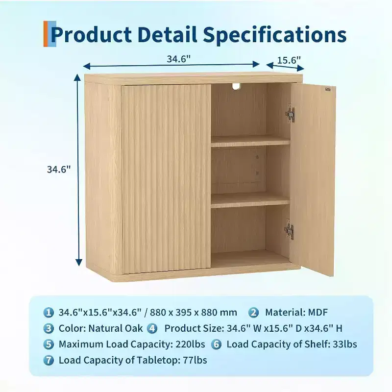 2-Tier Buffet Cabinet with Double Fluted Doors, Modern Sideboard with Adjustable Shelves for Space-Saving Dining Room Storage, Natural