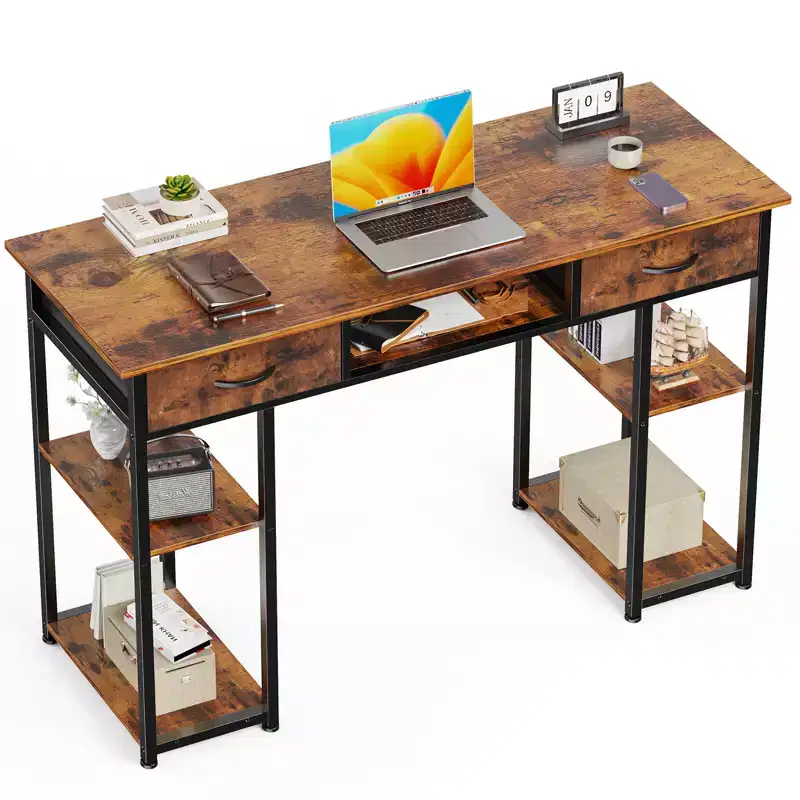 Computer Desk with Fabric Drawers and Storage Shelves, Modern Writing Study Table for Bedroom with Adjustable Feet