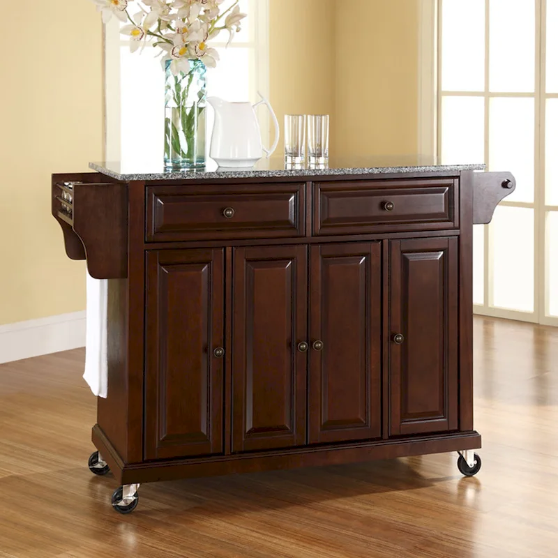 Full Size Kitchen Cart, Granite Countertop, Mahogany Finish, 3 Cabinets, 2 Drawers, 100 lb Capacity