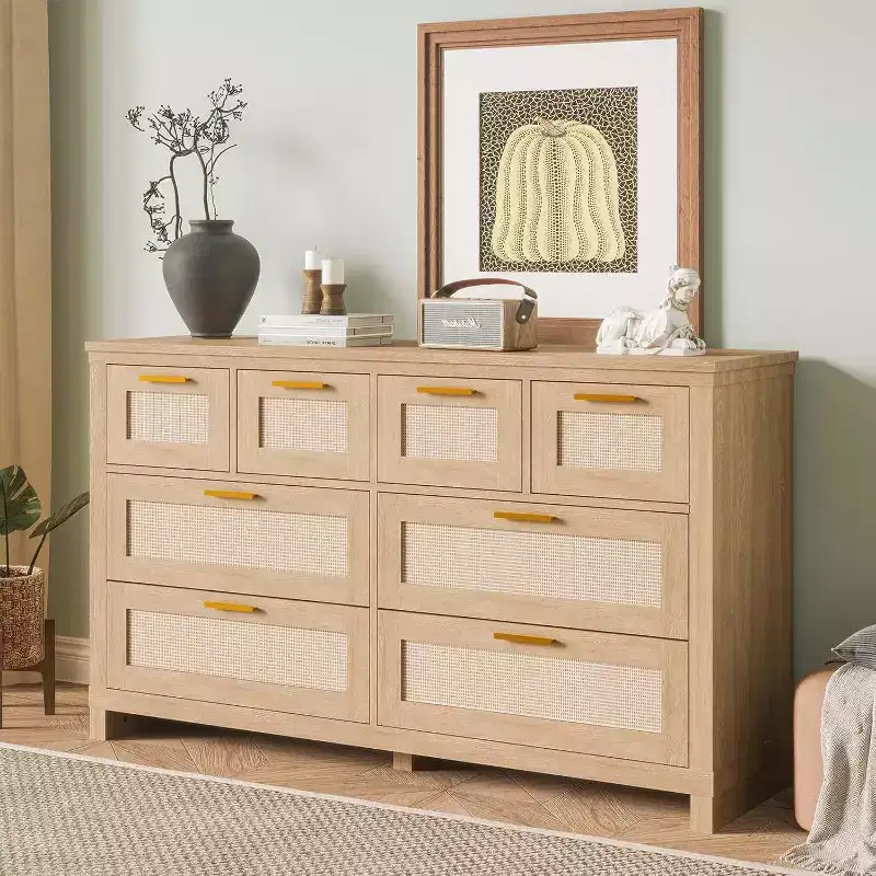 8-Drawer Rattan Dresser, Boho Modern Chest with Woven Fronts & Storage Organizers for Bedroom, Hallway, Living Room - Natural