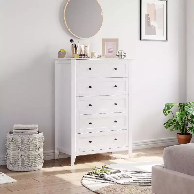 Modern 5 Drawers Dresser for Bedroom, Tall Wood Chest of Drawers for Clothes with Gold Handles & Deep Drawers, Living Room, Closet, Hallway, White