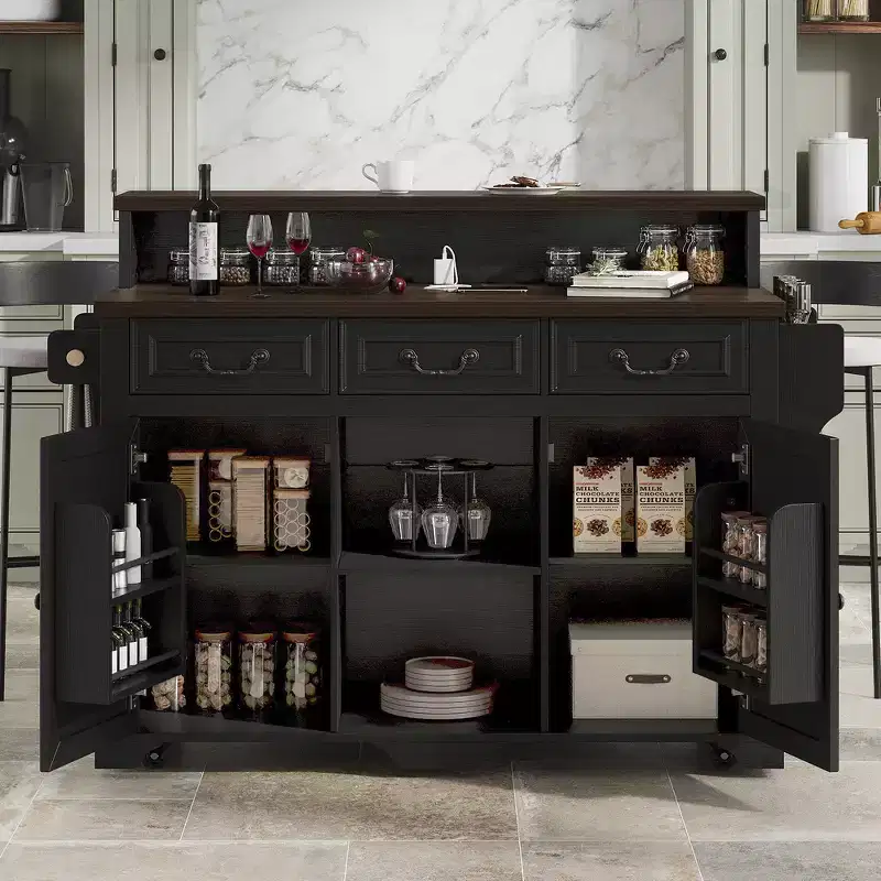 Whisen 53.2 Two-Tier Kitchen Island Cart, Rolling Island Table, Bar Cabinet, Farmhouse Kitchen Island with 4 Door Shelves, 3 Drawers