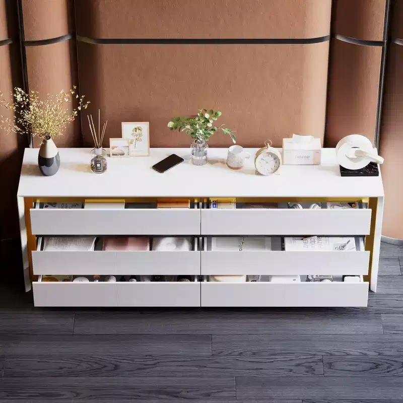 White Six Drawer Dressers Storage Cabinet Golden Inlaid Contemporary Style