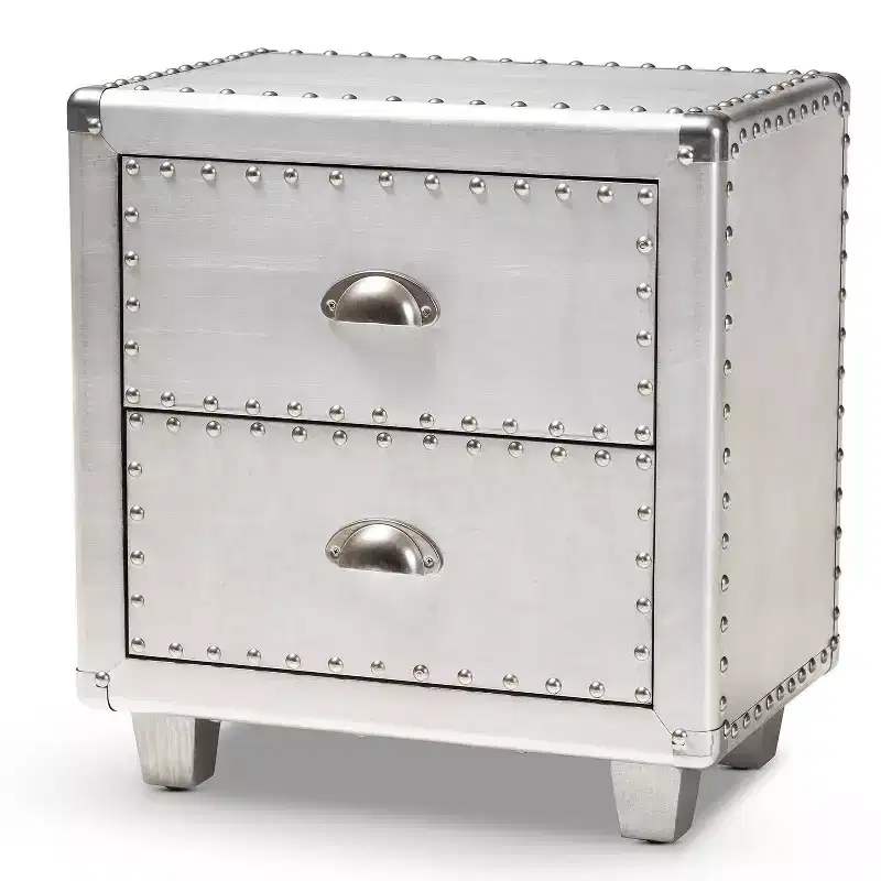 Baxton Studio 2 Drawer Davet Metal Nightstand Silver: Mid-Century Modern Style, Particle Board Frame