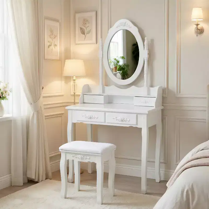 Modern Makeup Vanity Desk with Mirror, 4 Drawers, Matching Stool for Girls' Rooms, White Finish, Space-Saving Design