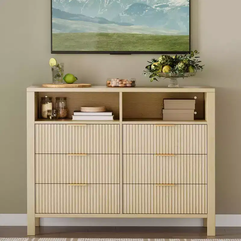 6 Drawer Dresser for Bedroom, Farmhouse Chest of Drawers with 2 Open Shelves and Fluted Doors, Home Storage and Organization for Living Room