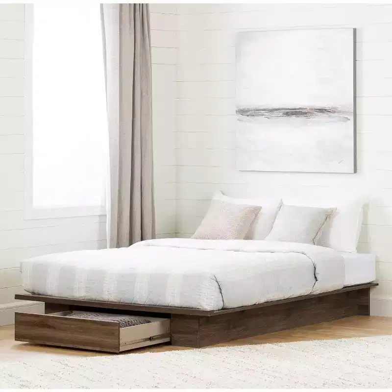 Adjustable Full to Queen Bed Frame with Storage Drawer, Particle Board, Brown