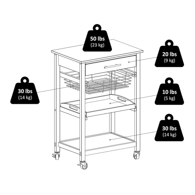Julia Utility Kitchen Cart, Granite Top, Black - 22.68 x 16.06 x 33.94 inches