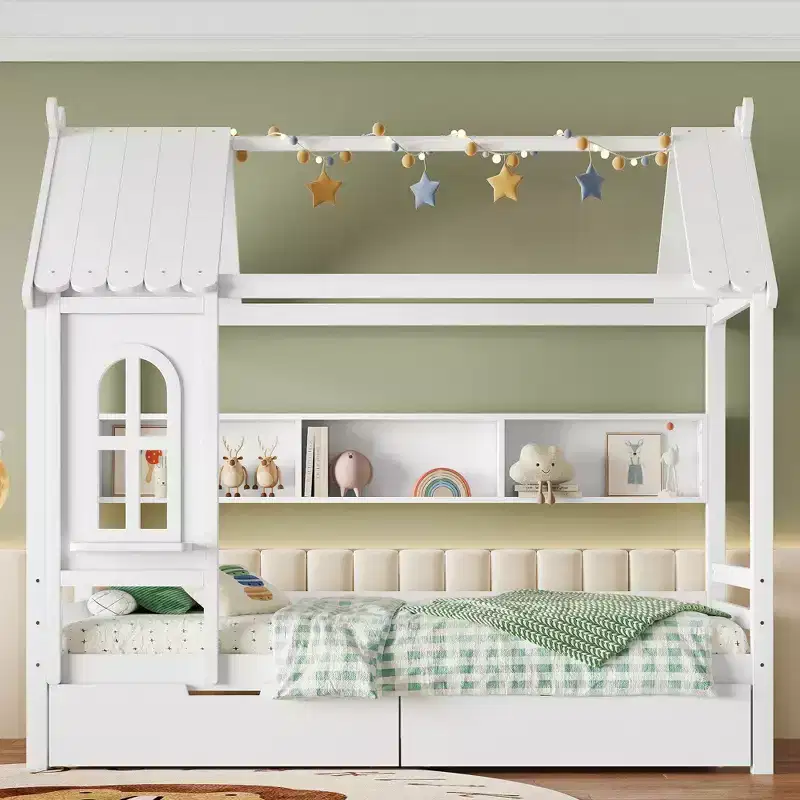 House Platform Bed with Storage Drawers and Window, Solid Wood with Shelves, Light White